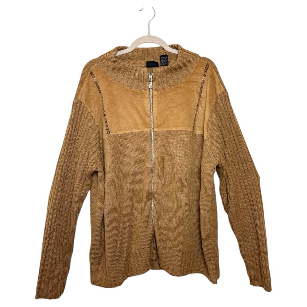 Ms. Lee Camel Brown Ribbed Zip-Up Knit Sweater Faux Suede Panels Boho Casual XL